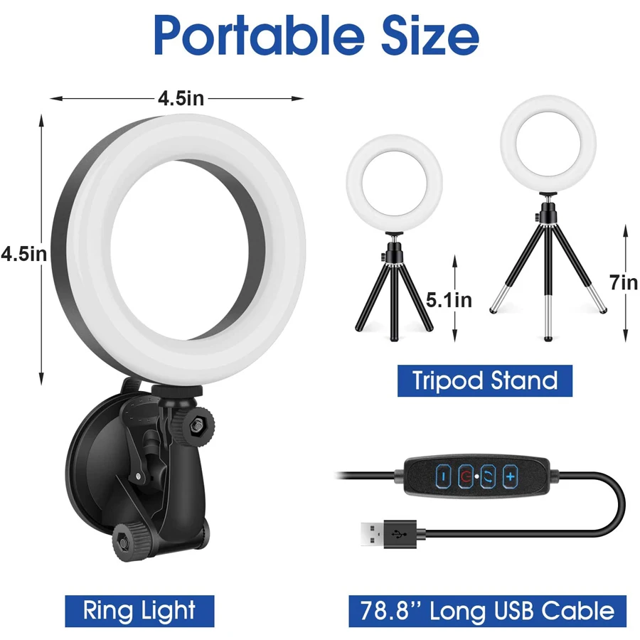 16cm Led Selfie Light Ring Light with Tripod Suction Cup Portable USB Plug for Computer Laptop Video Conference Lighting Makeup