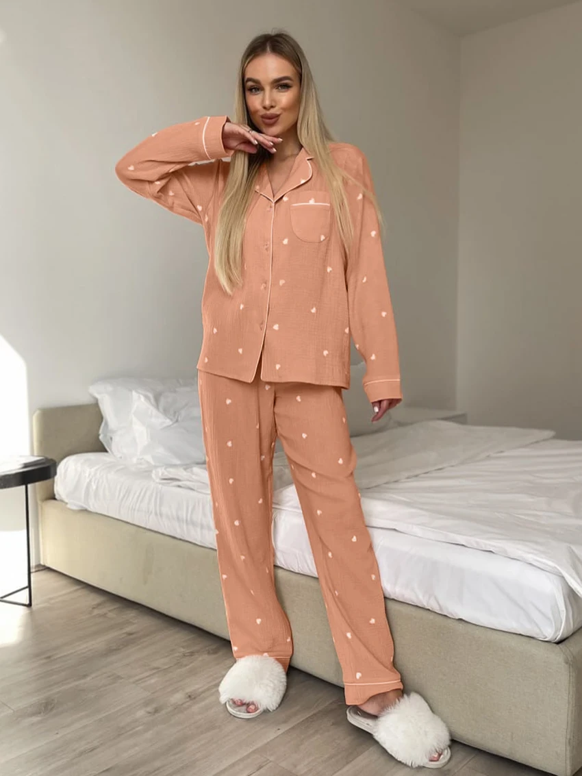 

Marthaqiqi Printing Female Nightwear Set Turn-Down Collar Sleepwear Long Sleeve Pajamas Pants Cotton Women'S Home Clothes Winter