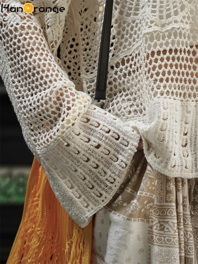 HanOrange 2025 Summer Lazy Heavy Feeling Hook Flower Hollow Knitted Sweatshirt Women Warm Skin Friendly Knitting Top Apricot