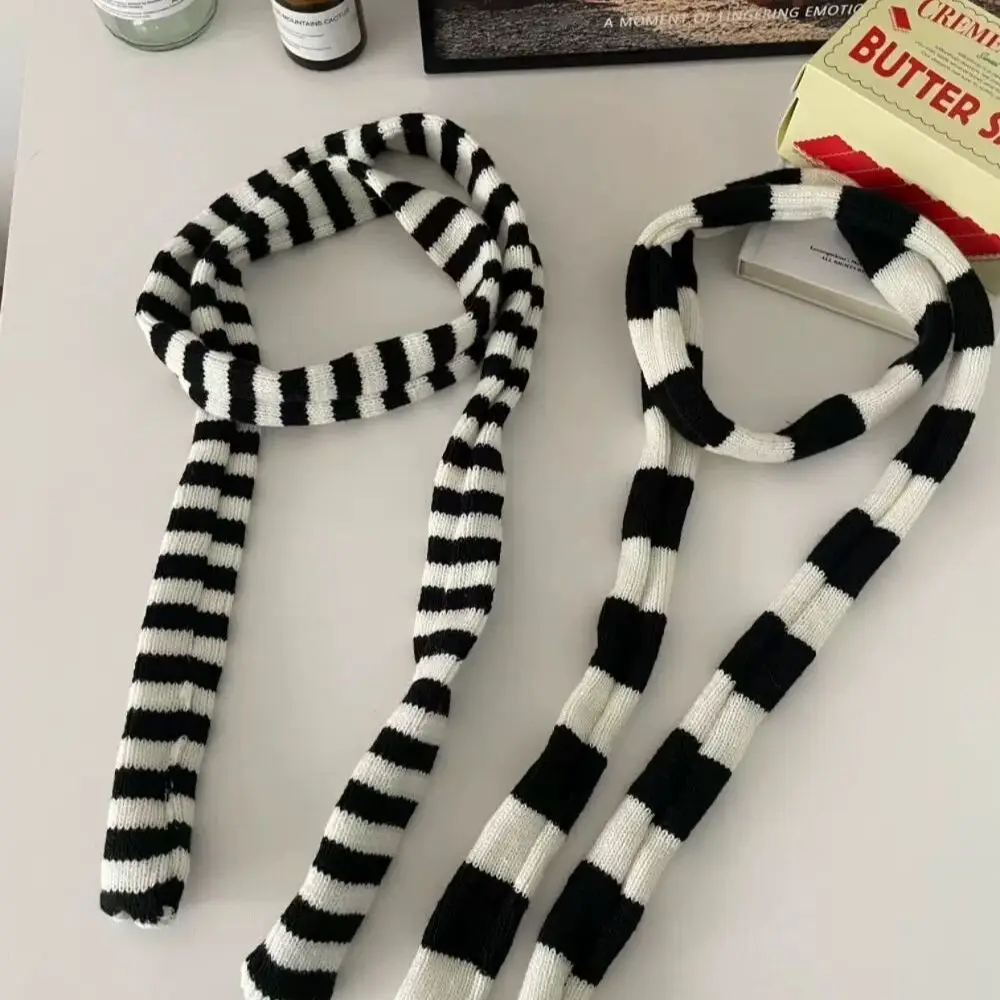 Y2K Black And White Striped Scarf Harajuku Knitted Slim Narrow Women\'s Scarves Decoration Thickened Neck Warmer Long Tie Scarf