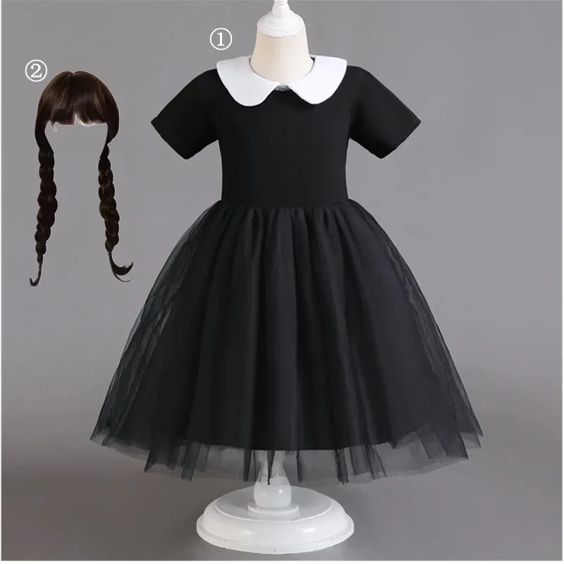 Wednesday Addam Girls Costume for Kids Gothic Black Gothic Halloween Carnival Cosplay Costumes White Doll Collar Children Dress