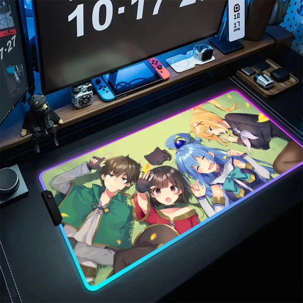 

K_konoSuba Mouse Teclado Tapete Para Anime RGB Mouse Mat Luminous Colorful LED Gamer Extended Pad Durable Keyboard Desk Mat