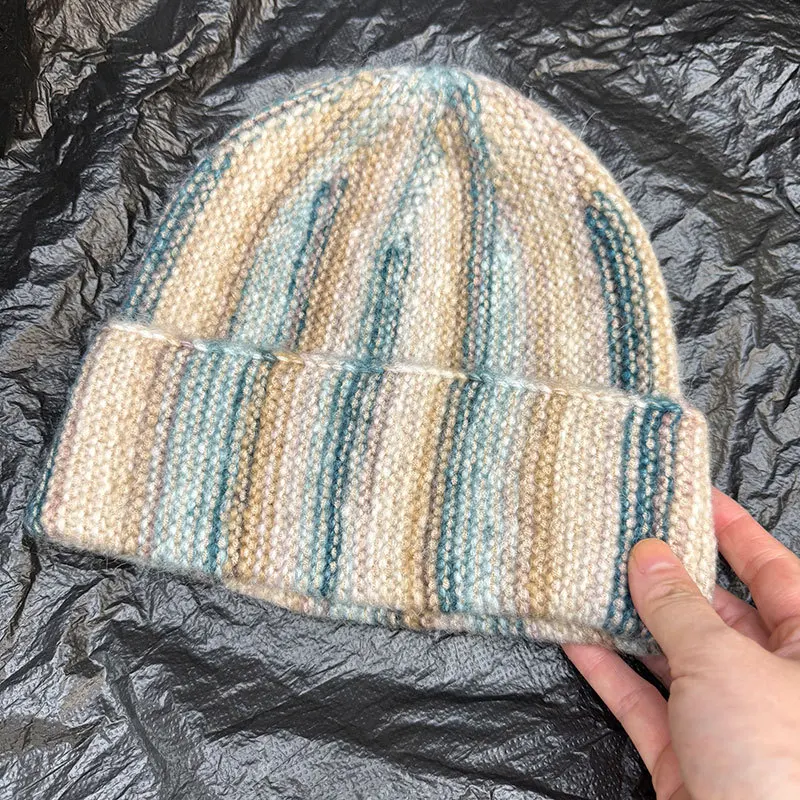 Japanische gestreifte, farbblockierte, verdickte Strickmütze für Männer und Frauen im Winter, Outdoor-Ohrenschutz, warme Skull-Beanie-Mützen. – Detail 8