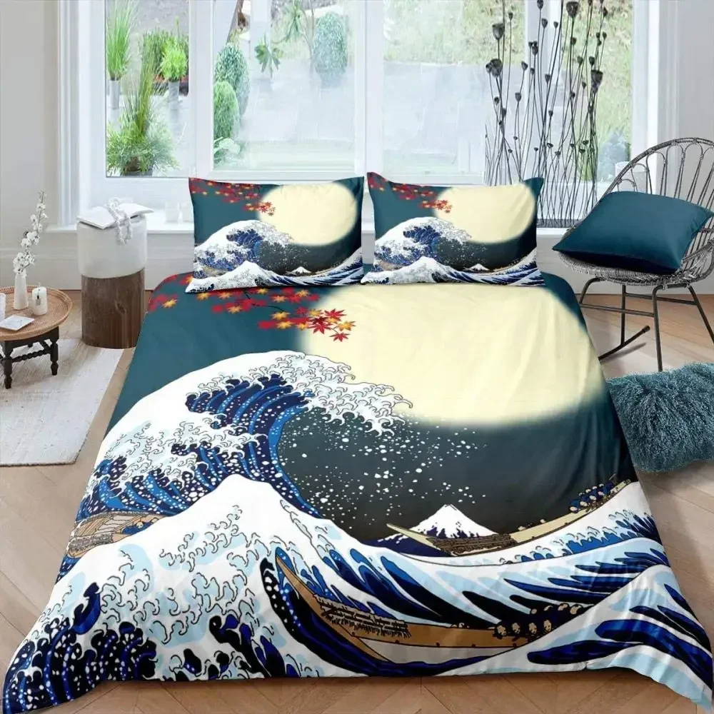 

Japanese Wave King Queen Duvet Cover Blue Sea Bedding Set Maple Leaf Moon Quilt Cover Hokusai Ukiyo-e Polyester Comforter Cover
