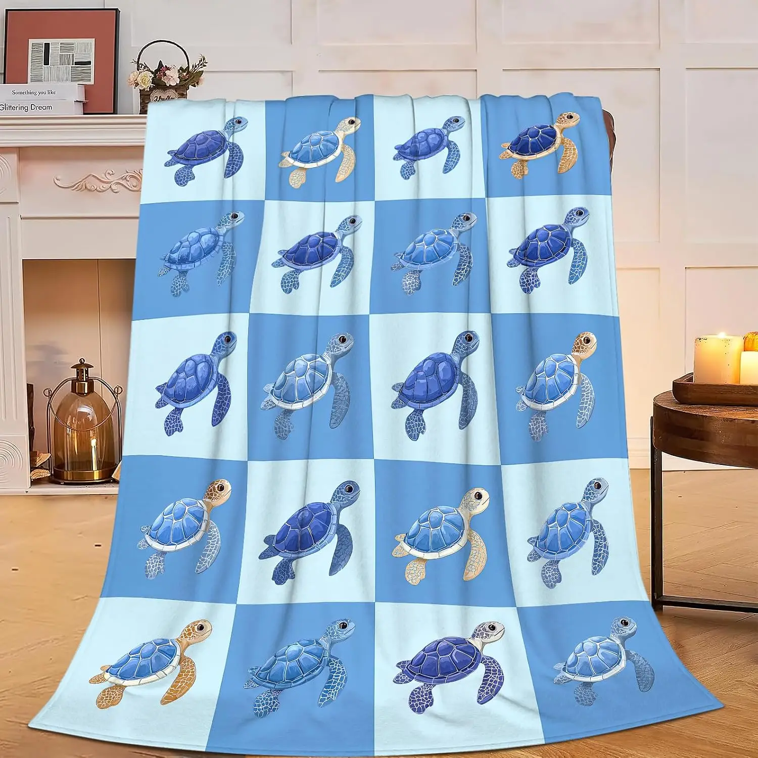 Blue White Checkered Multi Shade Sea Turtle Print Flannel Throw Blanket, Soft Warm Sofa Cover, Ocean Gift Bedroom Daily Rest Use