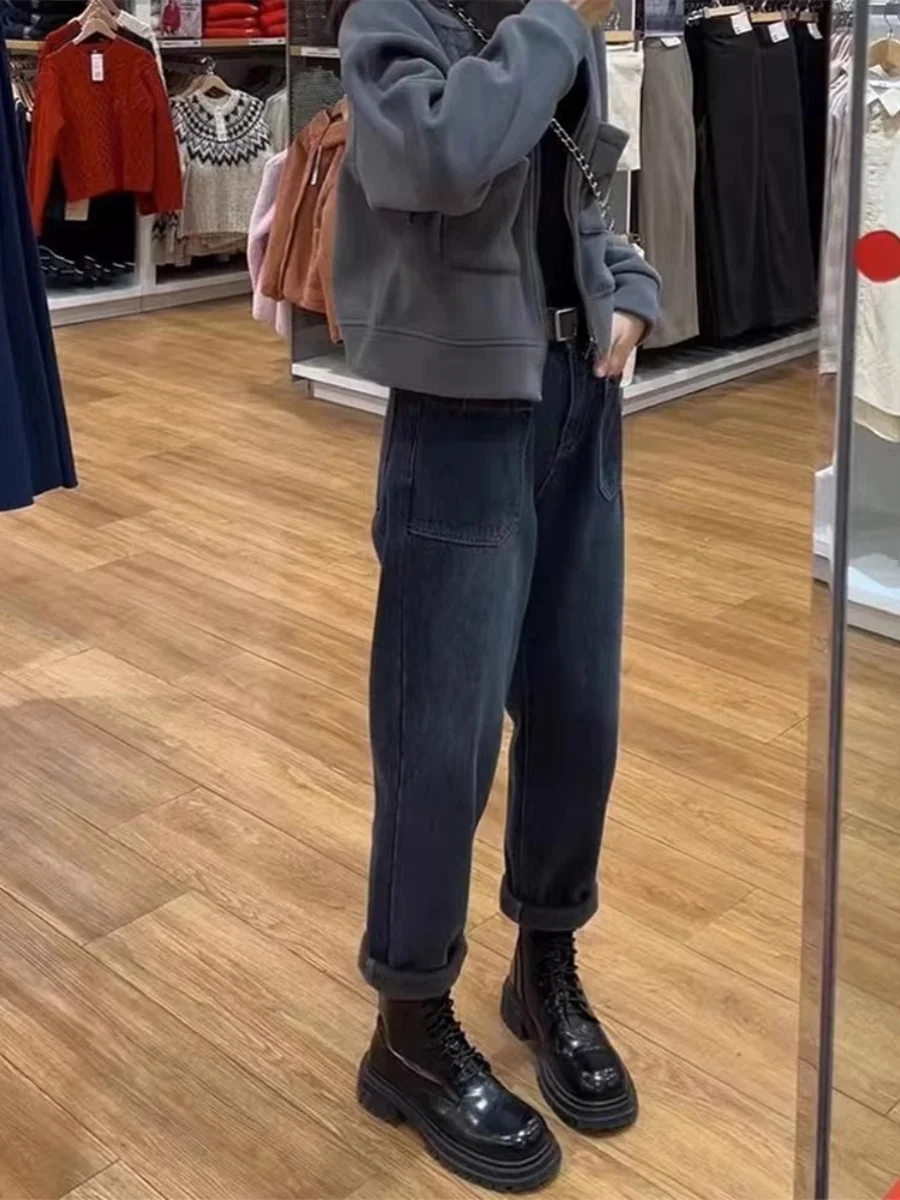 Fall Fce Gevoerde Dad Jeans Dames Afslankende Hoge Taille Wortelbroek Katoen Stretch Denim Anti-Rimpel Thi Winterjeans