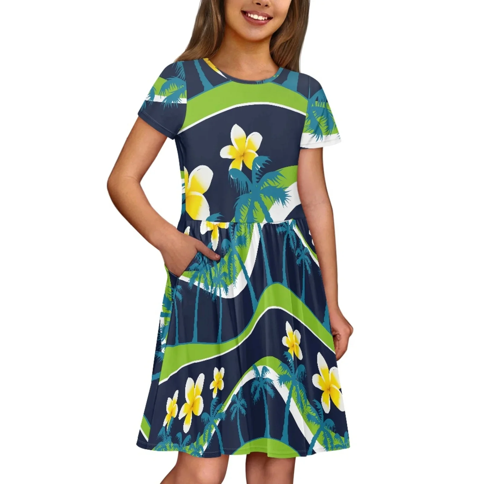 Polynesian Tribal Hawaiian Totem Tattoo Hawaii Prints New Children Party Dresses Elegant Knee-length Hibiscus Short Sleeve Dress