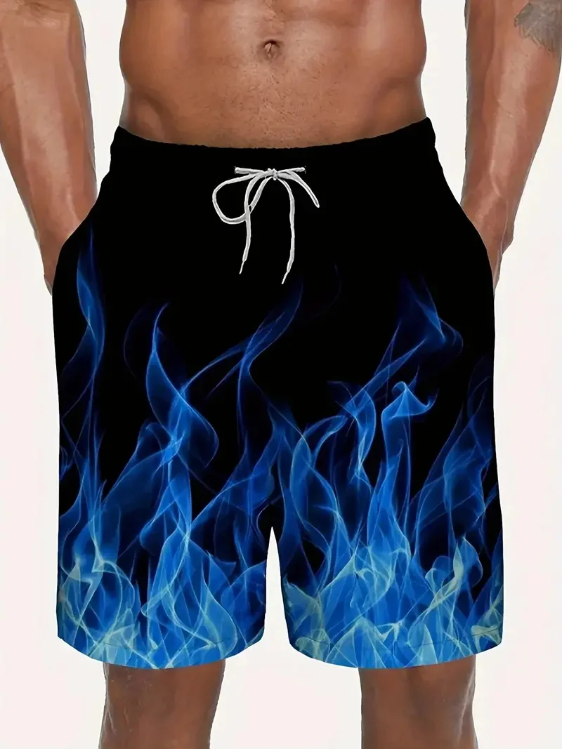 Pantalones cortos de playa con estampado de llamas vibrantes en 3D para hombre, pantalones cortos informales de talla grande de verano para hombre, pantalones cortos de estilo hawaiano, bañadores para hombre