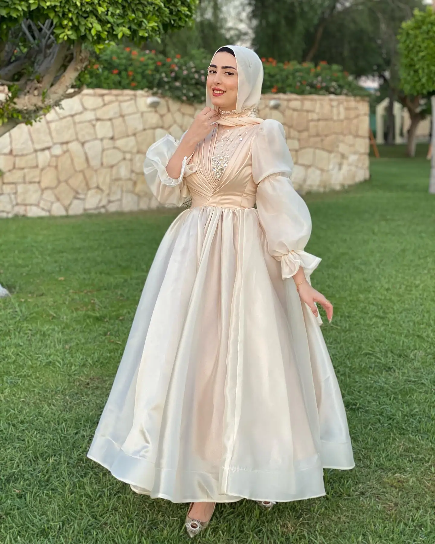 Jirocum High Neck Muslim Prom Dress Women\'s A Line Long Sleeve Party Evening Gown Beaded Saudi Ankle Formal Occasion Dresses