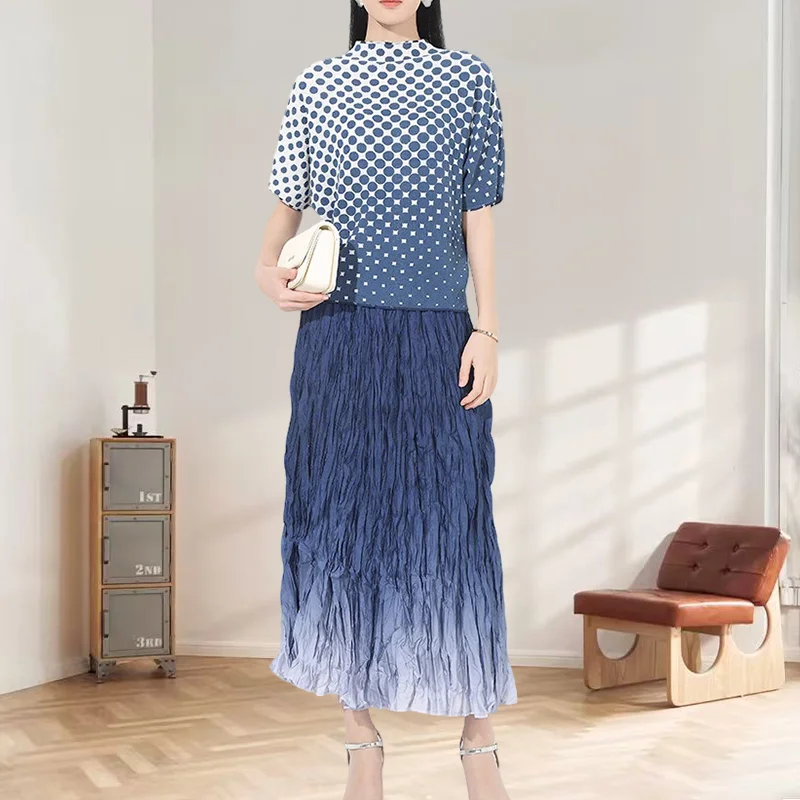 

Miyake Pleated Skirt Set Plisse Gradient Thin Fold Set Women Pleat Loose Pullover Top High Waist Messy Pleated Skirt Pleats Set