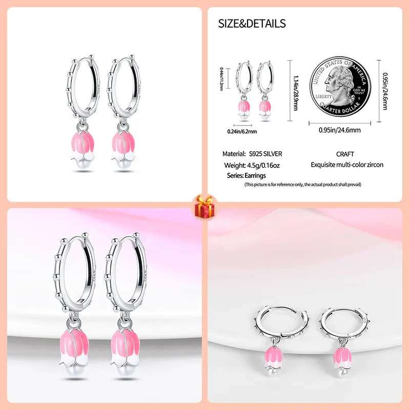 925 Sterling Silver Ribbon Heart Ear Hooks Beads Pink Collection Adolescent Girl Style Charm Beads Original Bracelet DIY Gift