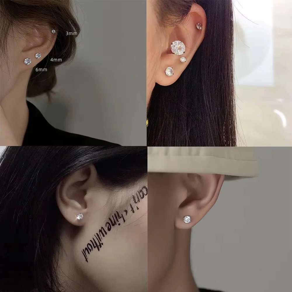 2Pcs Men's Crystal Zircon Studs Earrings For Women 316L Stainless Steel Cartilage Piercing Ear Anti Allergic 3-8mm