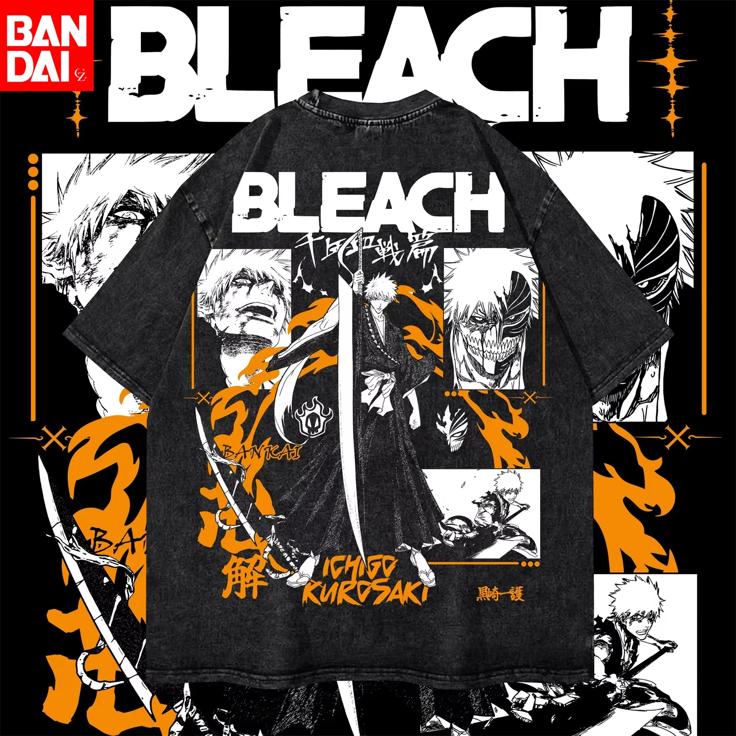 Vintage Washed Bleach Byakuya Kuchiki T-Shirt Herren Oversized Streetwear Anime Senbonzakura Grafik-T-Shirt Baumwolle Kurzarm-Oberteil