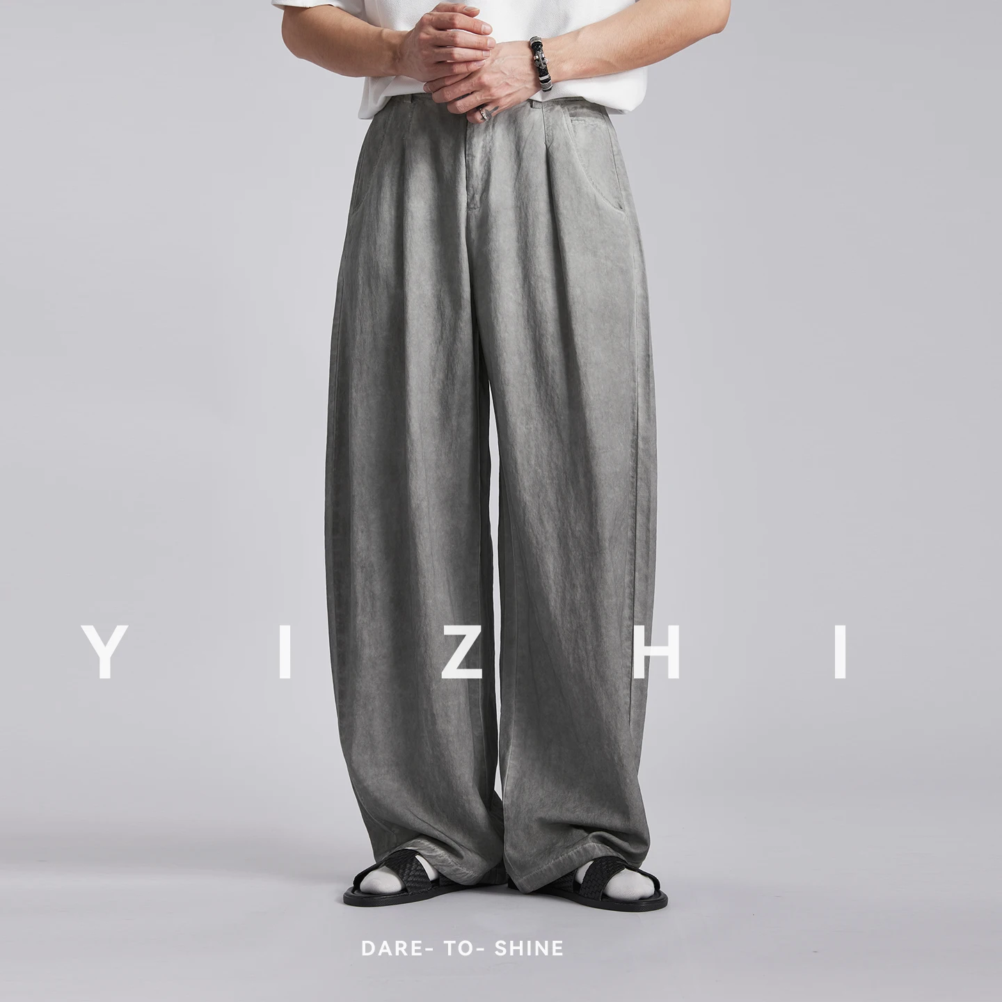 Men's Lyocell Linen High Waist Pleated Curved Casual Pants 2026 Summer Loose Straight Leg Versatile Wide Leg Trousers