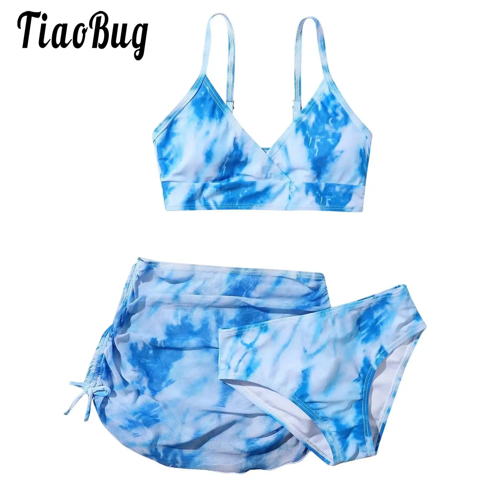 

3Pcs Youth Girls Colorful Tie Dye Print Swimsuit Bathing Suit Bikini Set Padded Bra Briefs And Cover Up Skirt Swimwear Beach