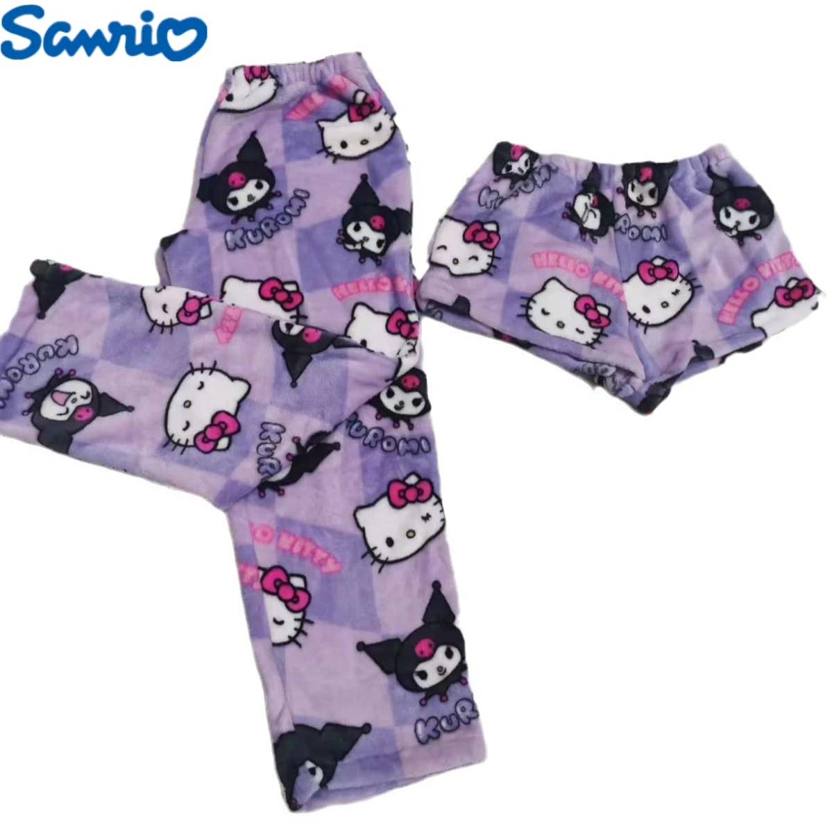 Фланелевые пижамы Sanrio Kuromi, фиолетовые, женские, теплые, шерстяные, с мультяшным принтом, повседневные домашние брюки, осенне-зимние модные брюки, милый подарок