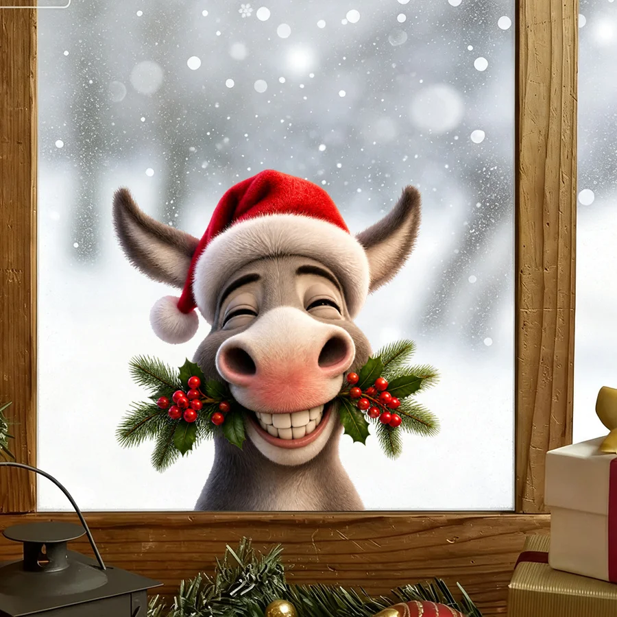 1 Stück statischer Weihnachts-Fensteraufkleber mit Cartoon-Motiv eines lächelnden Esels mit Weihnachtsmannmütze und Stechpalmen für Schlafzimmer, Wohnzimmer, Feiertagsdekoration
