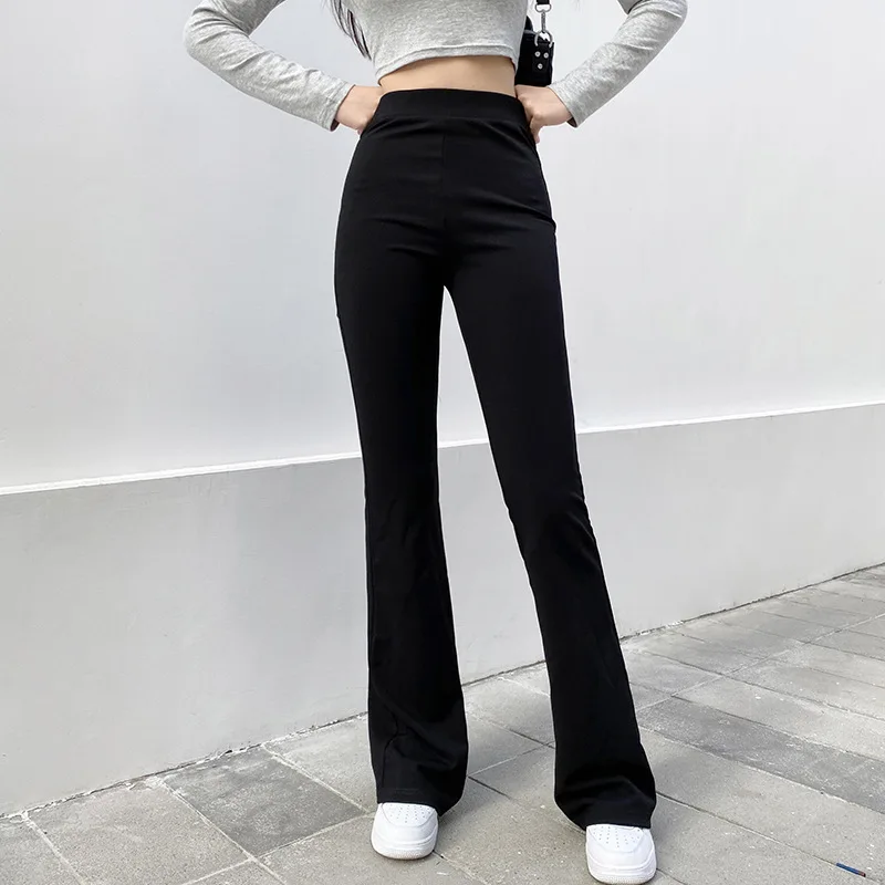 Pantalon évasé taille haute à jambes larges pour femme, streetwear décontracté, noir, hipster, été