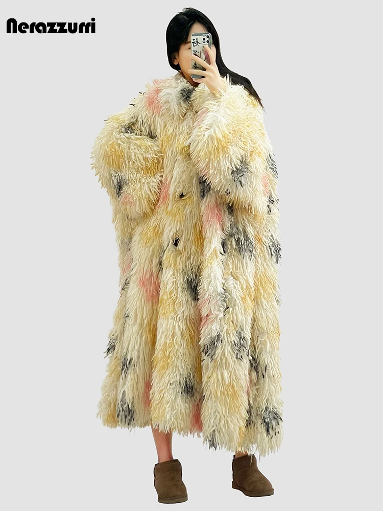 Nerazzurri Winter Long Oversized Colorful Multicolored Shaggy Hairy Warm Faux Fur Coat Women Loose Casual Fluffy Overcoat 2023