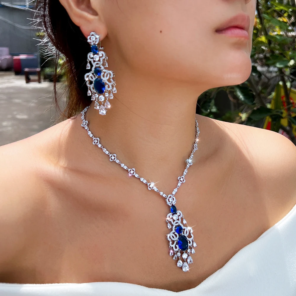 CWWZircons Top Quality Royal Blue Cubic Zirconia African Big Statement Necklace 2Pcs Sets for Women Evening Party Jewelry T0553