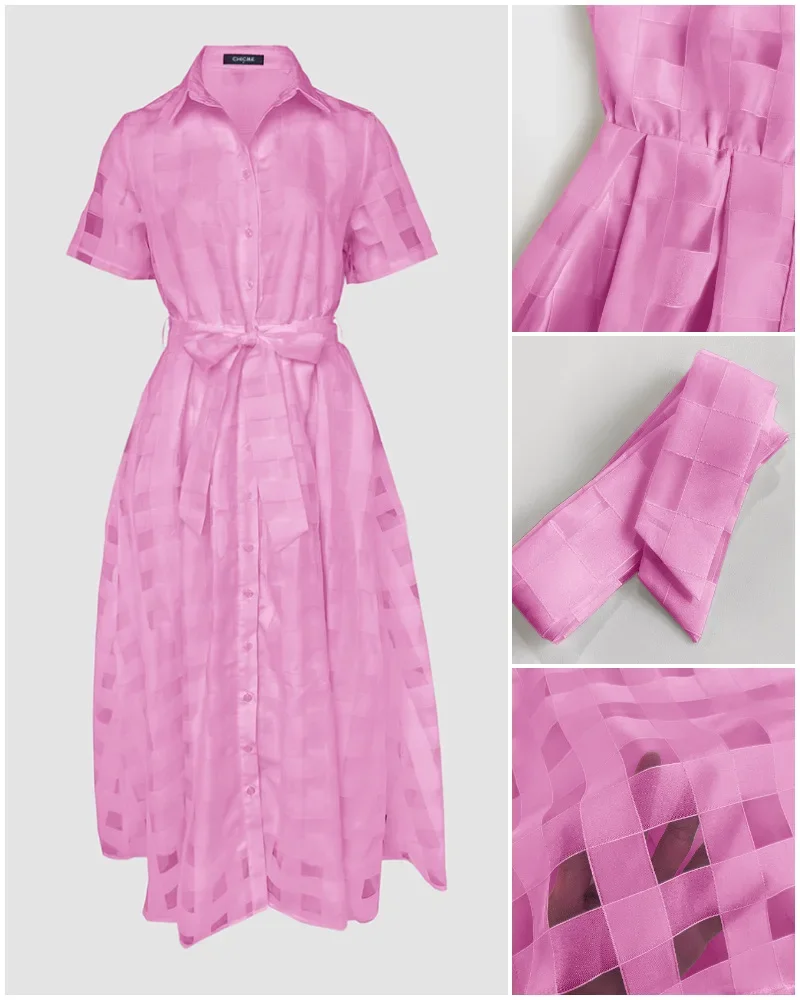 Malha dupla camada cintura cinched feminino turn-down colarinho xadrez uma linha camisa vestido botão para baixo laço cintura maxi vestido