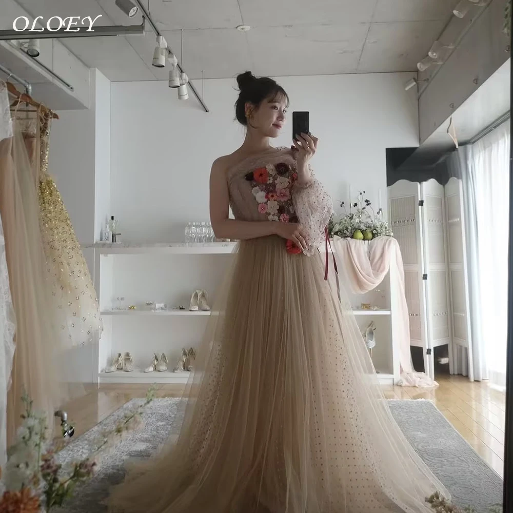 

OLOEY Elegant Champagne Tulle Evening Dresses One Shoulder Puff Long Sleeves 3D Flowers Garden Party Prom Gown Customized