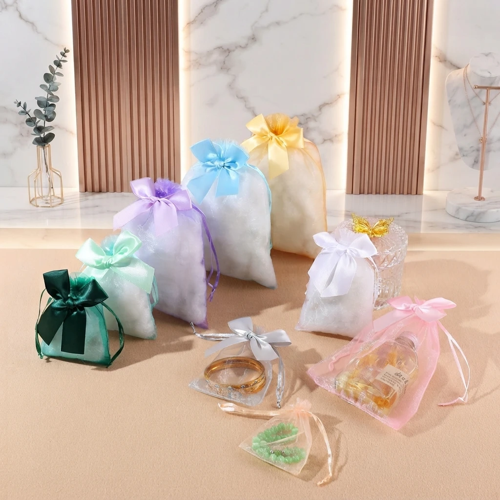10pcs Bow Mesh Bag Gift Bag DIY Organza Jewelry Packaging Mesh Bag