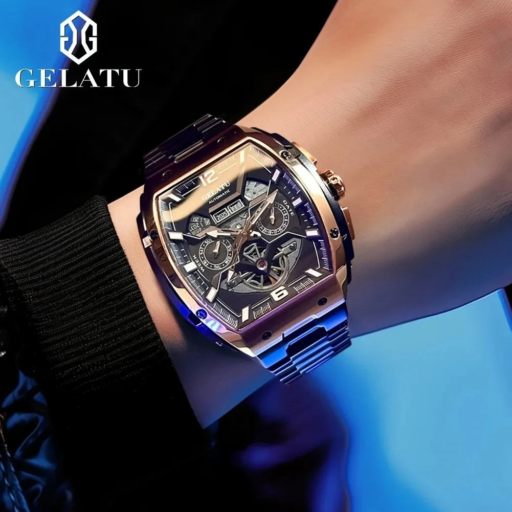 GELATU 6013 moda z najwyższej półki oryginalne zegarki dla mężczyzn czarna tarcza koła zamachowego ze stali nierdzewnej oryginalny zegarek biznesowy wodoodporny męski zegar
