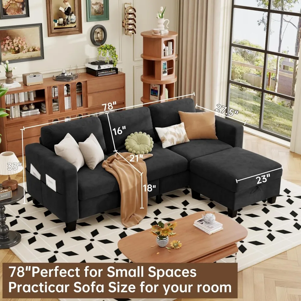 Sectional and Sofa Couches for Living Room - 78'' 3 Seater L-Shaped Modular Couch with Storage Ottoman - Modern Velevt Fabric