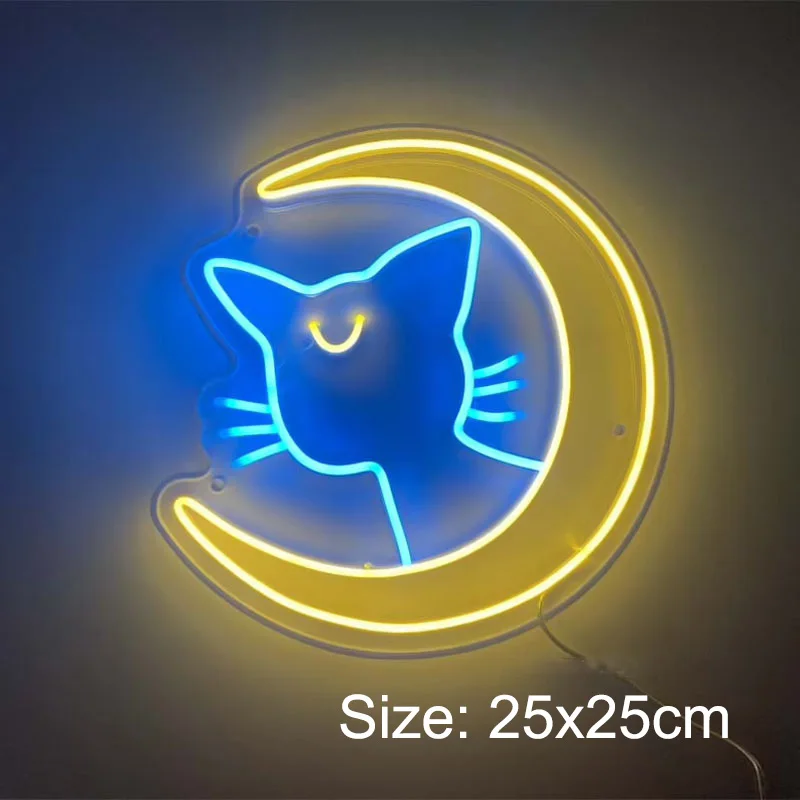 Moon Cat Neon Sign Light Custom LED Animal Beauty Business Logo Night Lamp Decor Bedroom Wall Shop Children's Gift Party