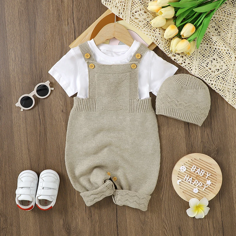 

Baby Girl Rompers Jumpsuits 0-18m Newborn Boys Solid Sleeveless Knit Playsuits Hats Clothes Suit Infant Unisex Overalls 2pcs Set