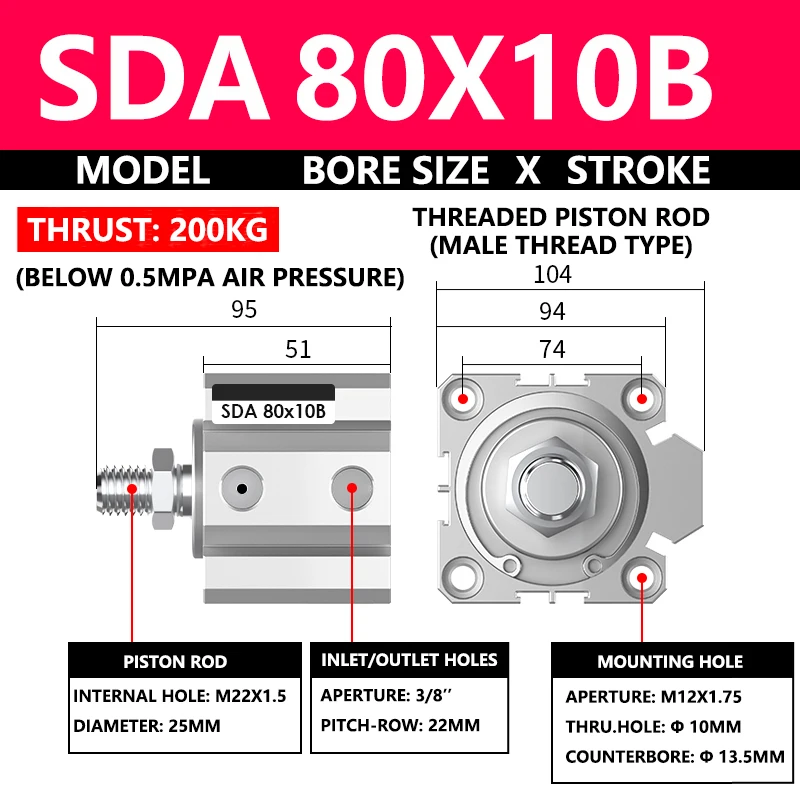 ABILKEEN SDA80X10B SDA Series Thin Air Cylinder 80MM Male Thread Bore X 10MM Stroke Double Acting Pneumatic Compact Cylinder
