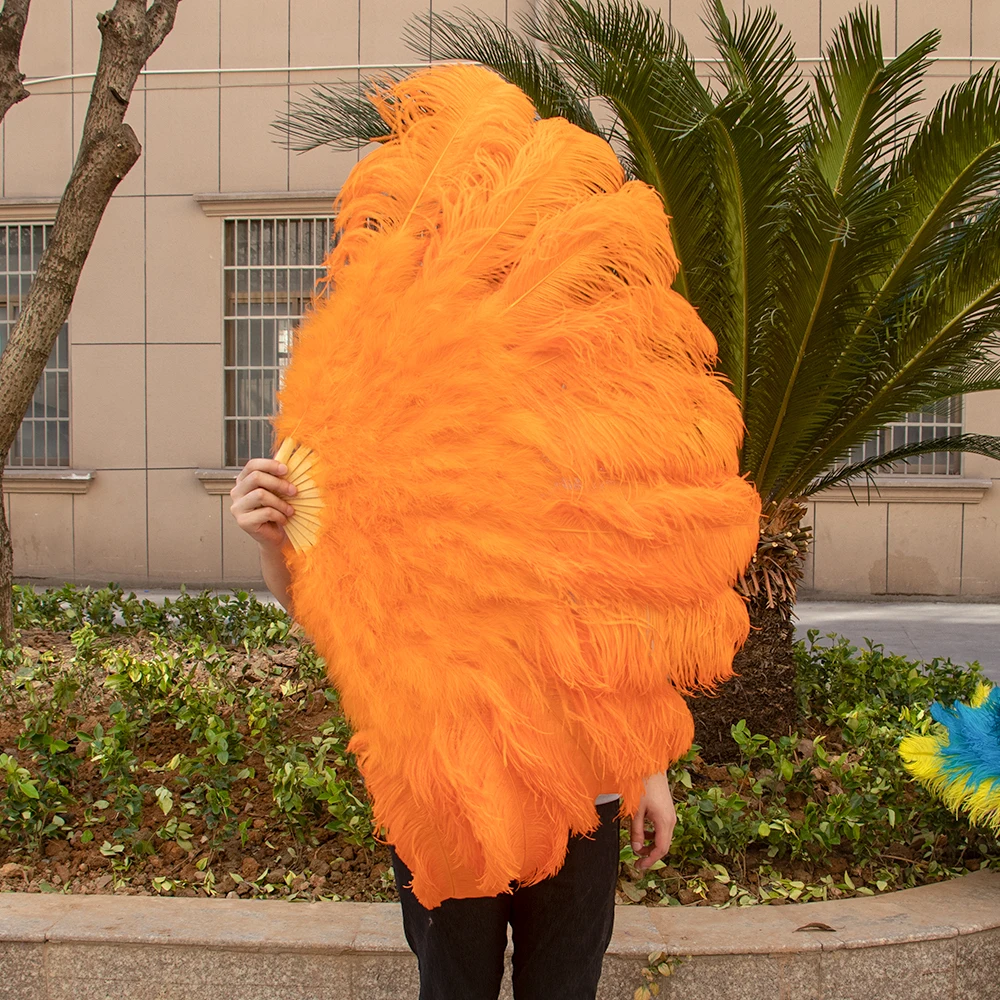 Customized Blue Large Hand Feather Fan 13Bars Ostrich Feather Hand Fan Foldable 130CM Stage Performance Dancer Props Show Decor