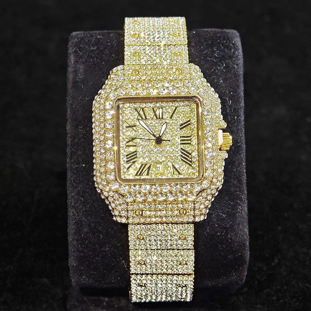 UNIGUET ساعة ثلج فاخرة للرجال والنساء موضة الهيب هوب كامل الماس مربع زوجين ساعة اليد هدية 2026 Hor Sale