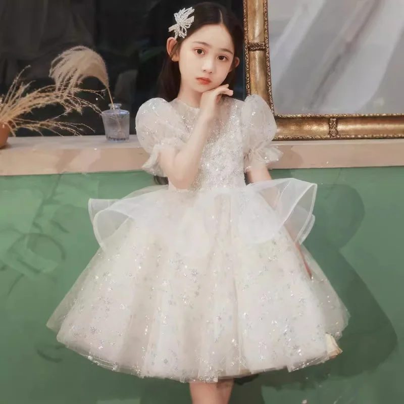 Girls' Spring Children's Puffy Princess Dress Flower Little Girl Host Piano Performance Costume High-end