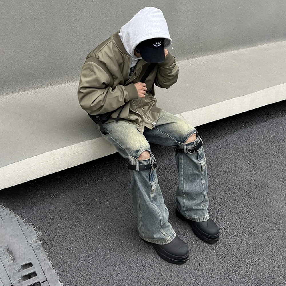 Hip Hop Street Jean Men Wide Leg Flared Trousers Autumn Winter Streetwear Vaqueros Pantalones Loose Y2k Ripped Cargo Denim Pants