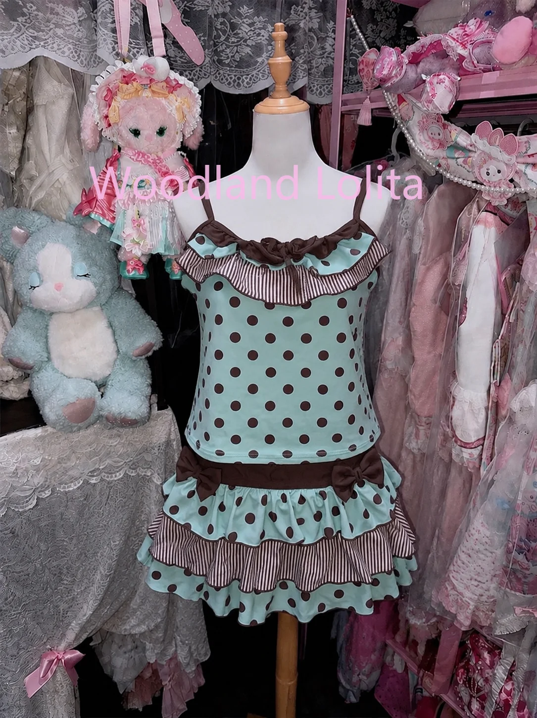 Polka Dot Cute Bow Sleeveless Tank Top with Tiered Midi Skirt 2 Piece Outfit for Women Fashion Sweet Casual Summer Ensemble