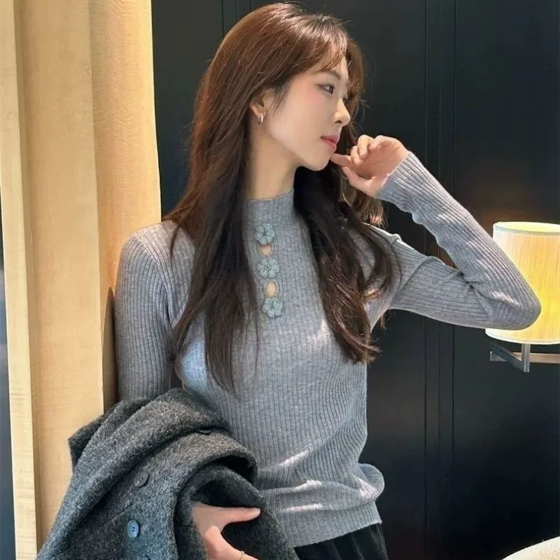 

Women Clothing Spring Autumn Fashion Korean Solid Color O-neck Ladies All-match Simplicity Elegant Hollow Out Knitting Cardigan