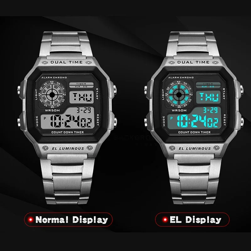 YIKAZE Military Men\'s Digital Watches Steel Strap Classic Men Sports Watches Luminous Chronograph Male Electronic Wrist Watches