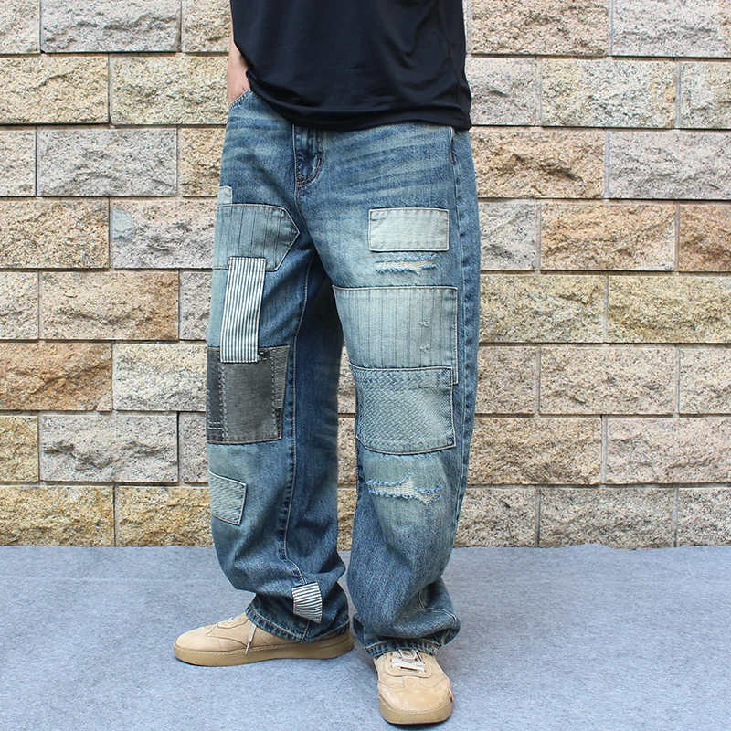 

patch cloth big Japanese retro do old loose straight leg trend jeans men wash heavy weight plankton handsome jeans