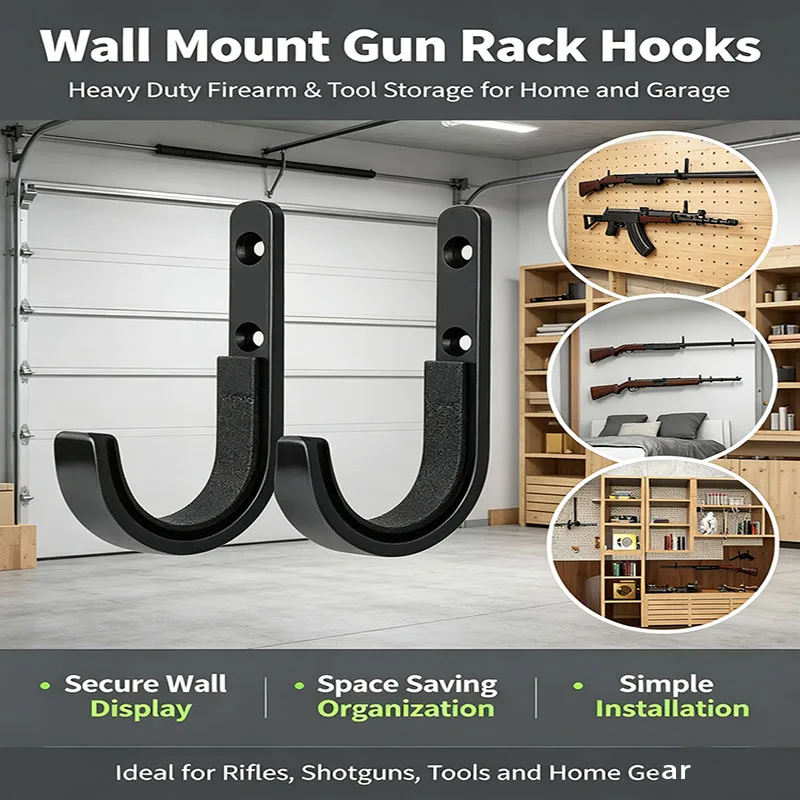 Wall Mount Gun Hooks 2/4 Pack, Heavy Duty Horizontal Metal Rack for Rifle, Shotgun, Bow, Space Saving Weapon Organizer