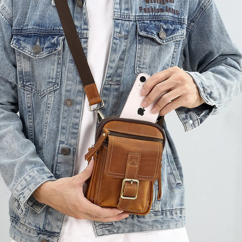 Top Layer Cowhide Men\'s Small Bag Cellhone Bag Multifunctional Leather Bag Single Shoulder Crossbody Belt Leather Waist Bag