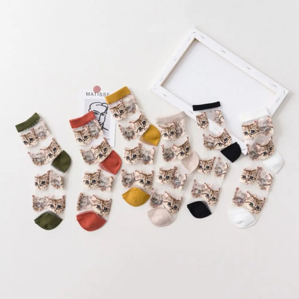 Crystal Silk Crystal Silk Socks Cat Embroidery Transparent Cat Pattern Socks Ultra Thin Mid Calf Length Summer Thin Socks