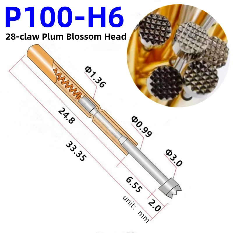20/100PCS P100-H6 33.35mm 28-claw Plum Blossom Head Dia 3.0mm Needle Spring Test Probe P100-H Dia 1.36mm Circuit Board Test Tool
