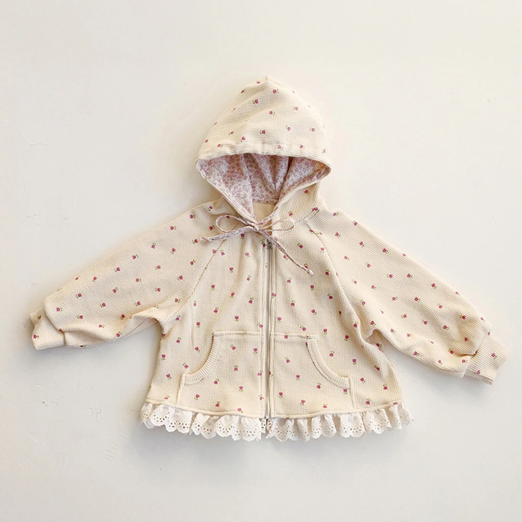 Spring 2026 Korean Style Coat Children's Girl's Floral Trim Hooded Zipper Sweatshirt Jacket Trendy Matching Striped Design