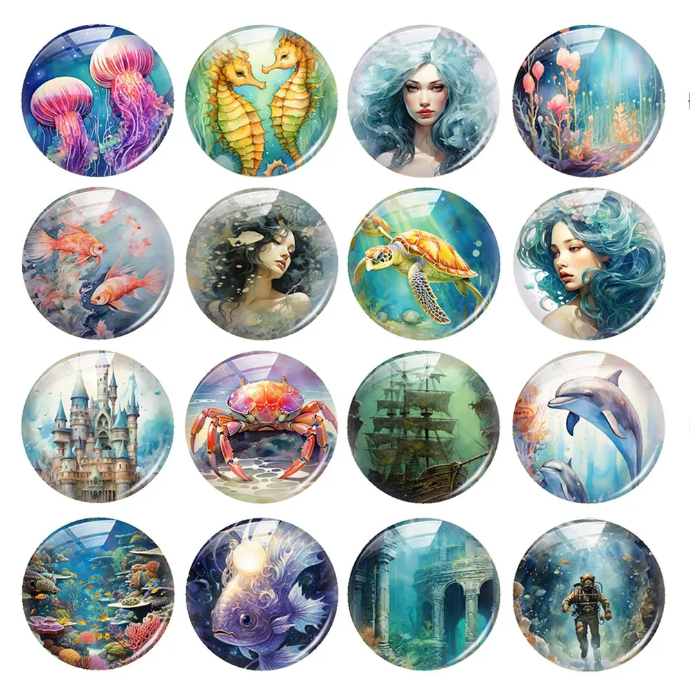 Random Mixed Round/Oval/Square Ocean Marine Fish Dolphin Photo Glass Cabochon Flatback Demo Cameo For Diy Jewelry Making