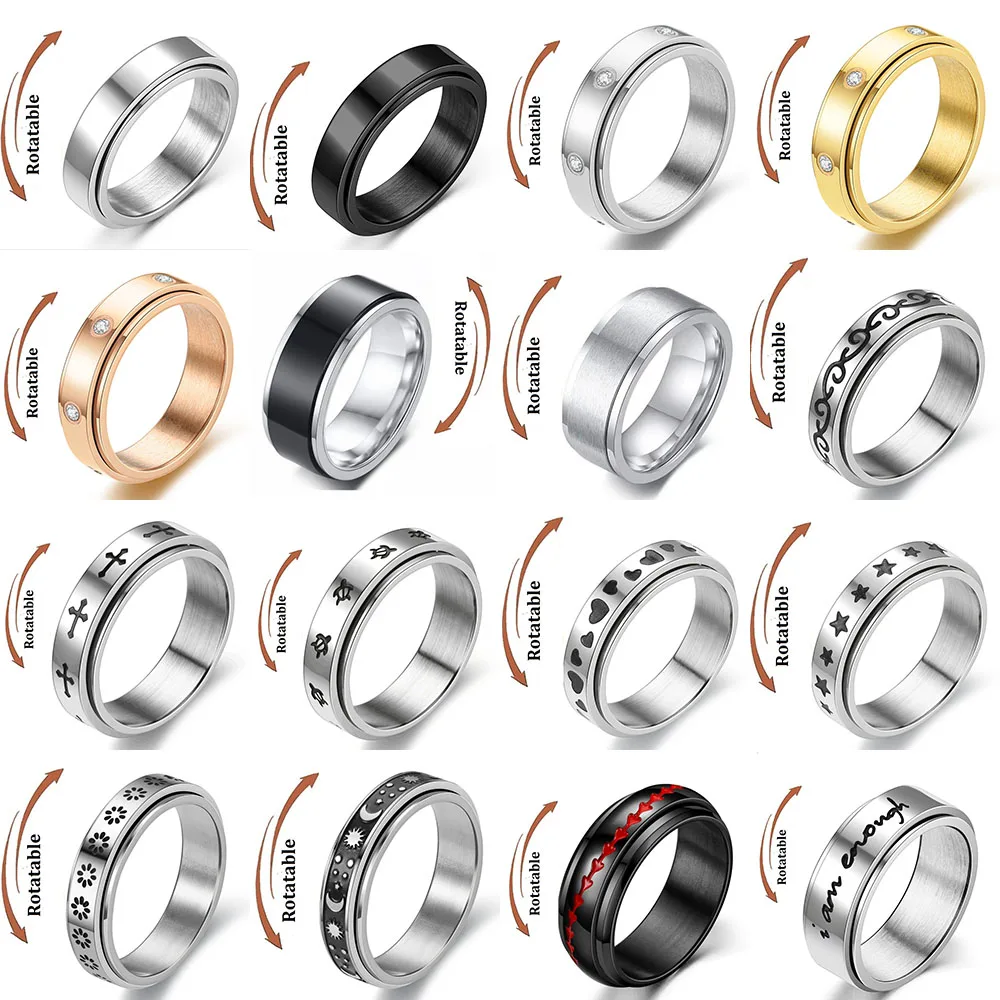 Rotating Stainless Steel Anti Stress Men\'S Rings Metal Spinner Fidget Anxiety Control Rings Wedding Party Jewelry Gifts Anillos