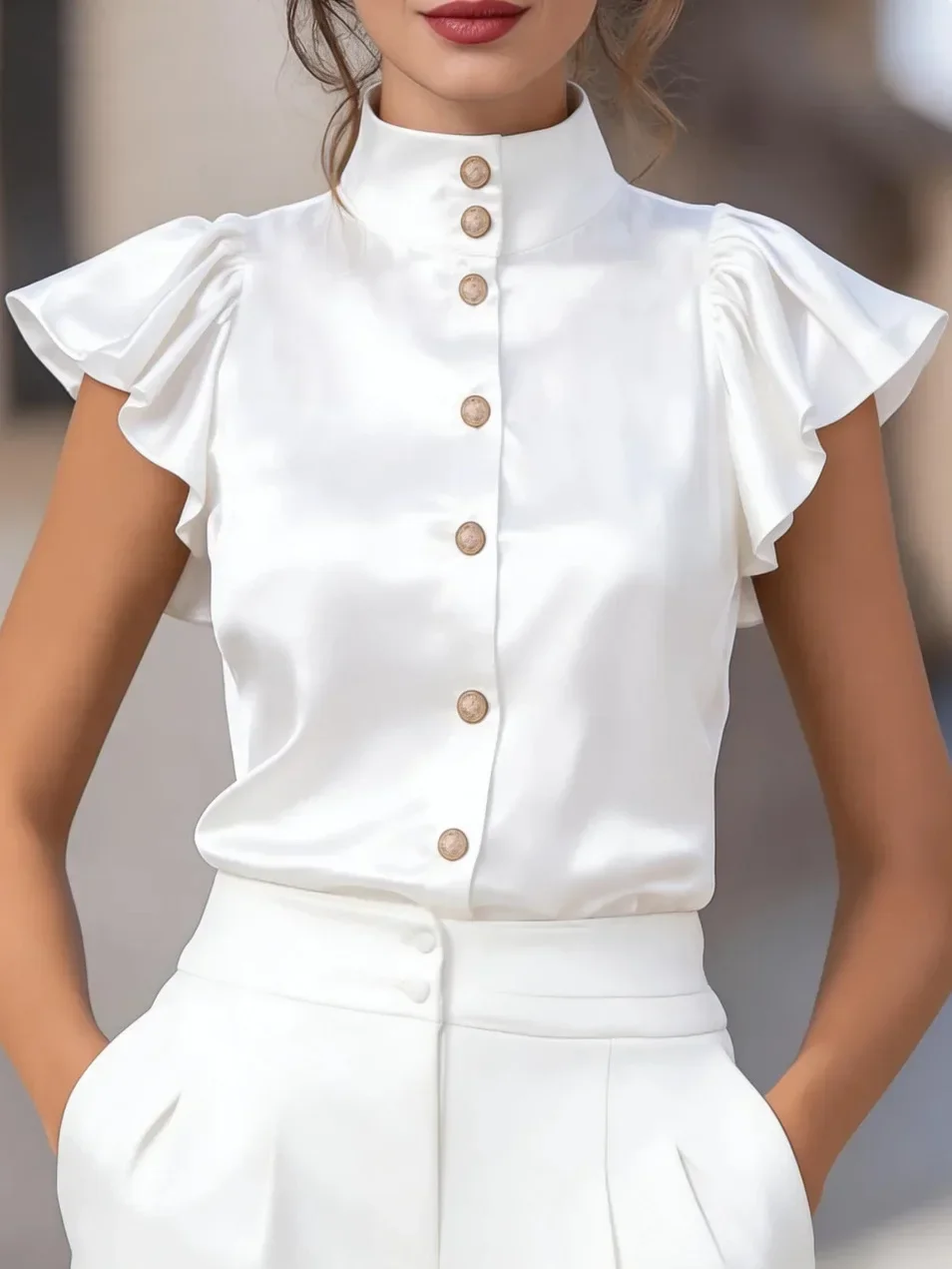 Damen-Satinbluse mit Stehkragen, Rüschenärmeln, dekorativen Knöpfen vorne, elegantes Oberteil für Büro und Pendler. – Detail 6