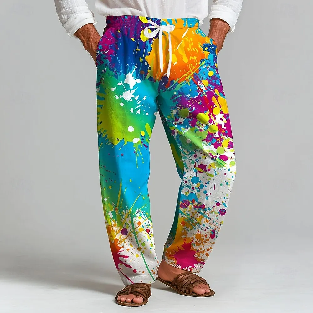 

2026 Men's Colorful Ink Painting Pants Trousers Mid Waist Drawstring Elastic Waist Casual Outdoor Wide-leg Trousers For Mens