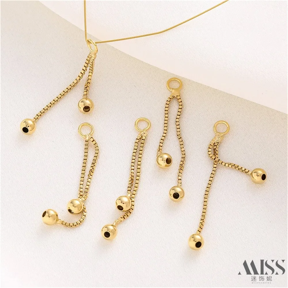 14K Gold Color Box Chain Belt Round Beads Two-strand Fringed Pendant DIY Handmade Ear Jewelry Earline Accessories